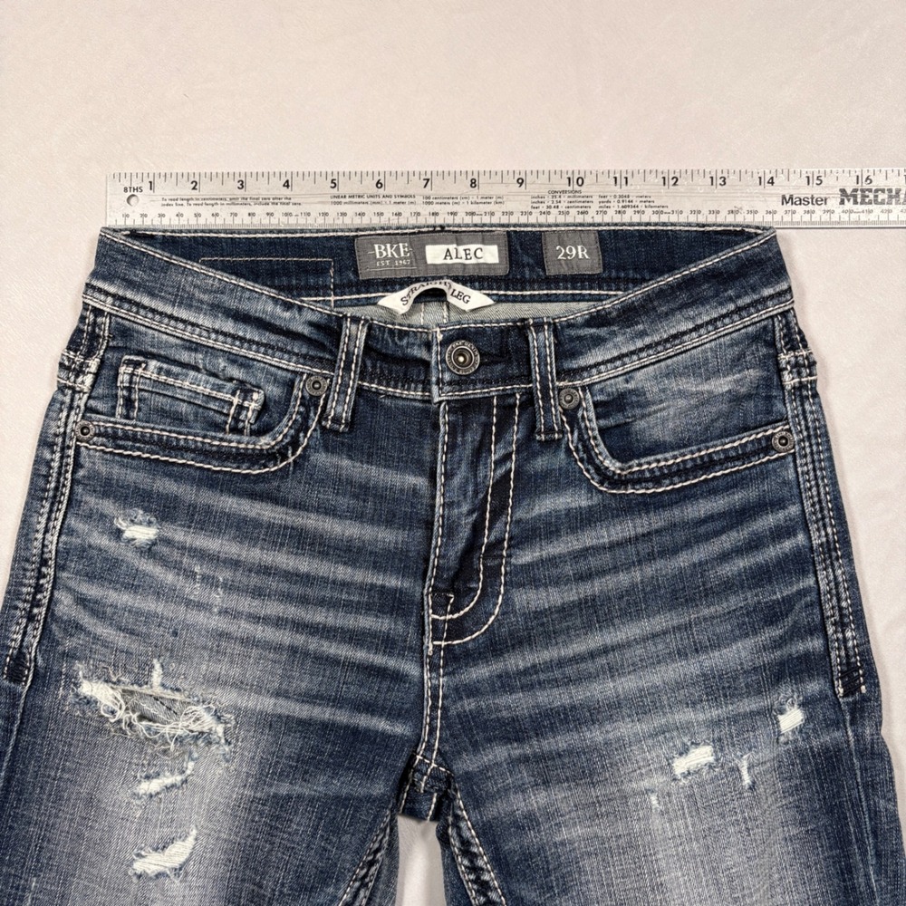 BKE Jeans Mens 29R Alec Straight Leg Blue Distressed Denim EUC - Picture 4 of 15